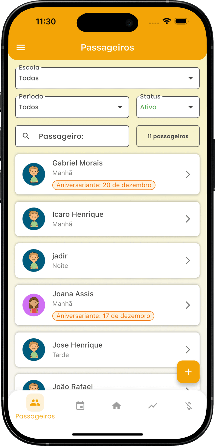 Gestão de passageiros no celular